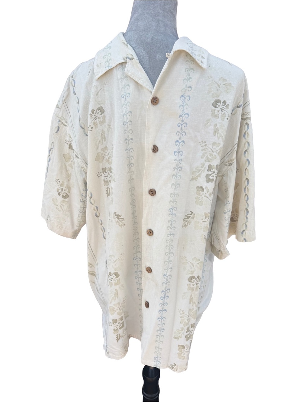 Vintage Joseph & Feiss 100% Silk Embroidered Camp Shirt Cream Floral Mens L